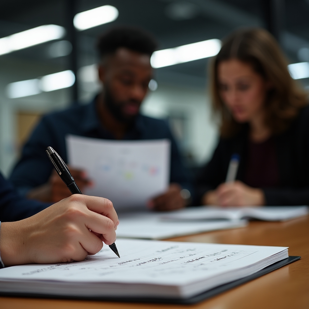 Equipo completando una bitácora de aprendizajes al final de una sesión
