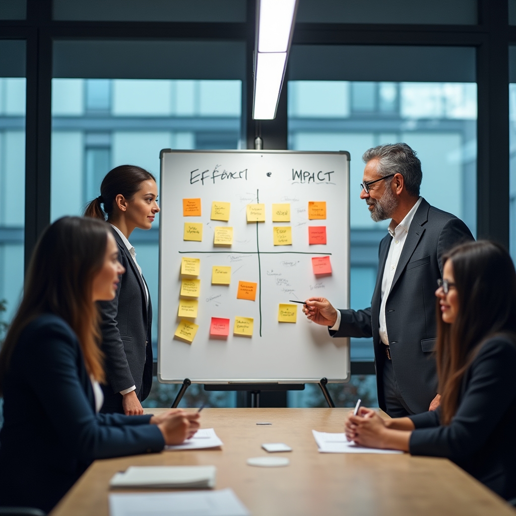Equipo priorizando ideas sobre un tablero con notas adhesivas